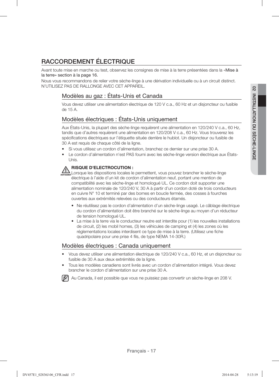 Raccordement électrique, Modèles au gaz : états-unis et canada, Modèles électriques : états-unis uniquement | Modèles électriques : canada uniquement | Samsung DV457E1GSGR-A1 User Manual | Page 93 / 228