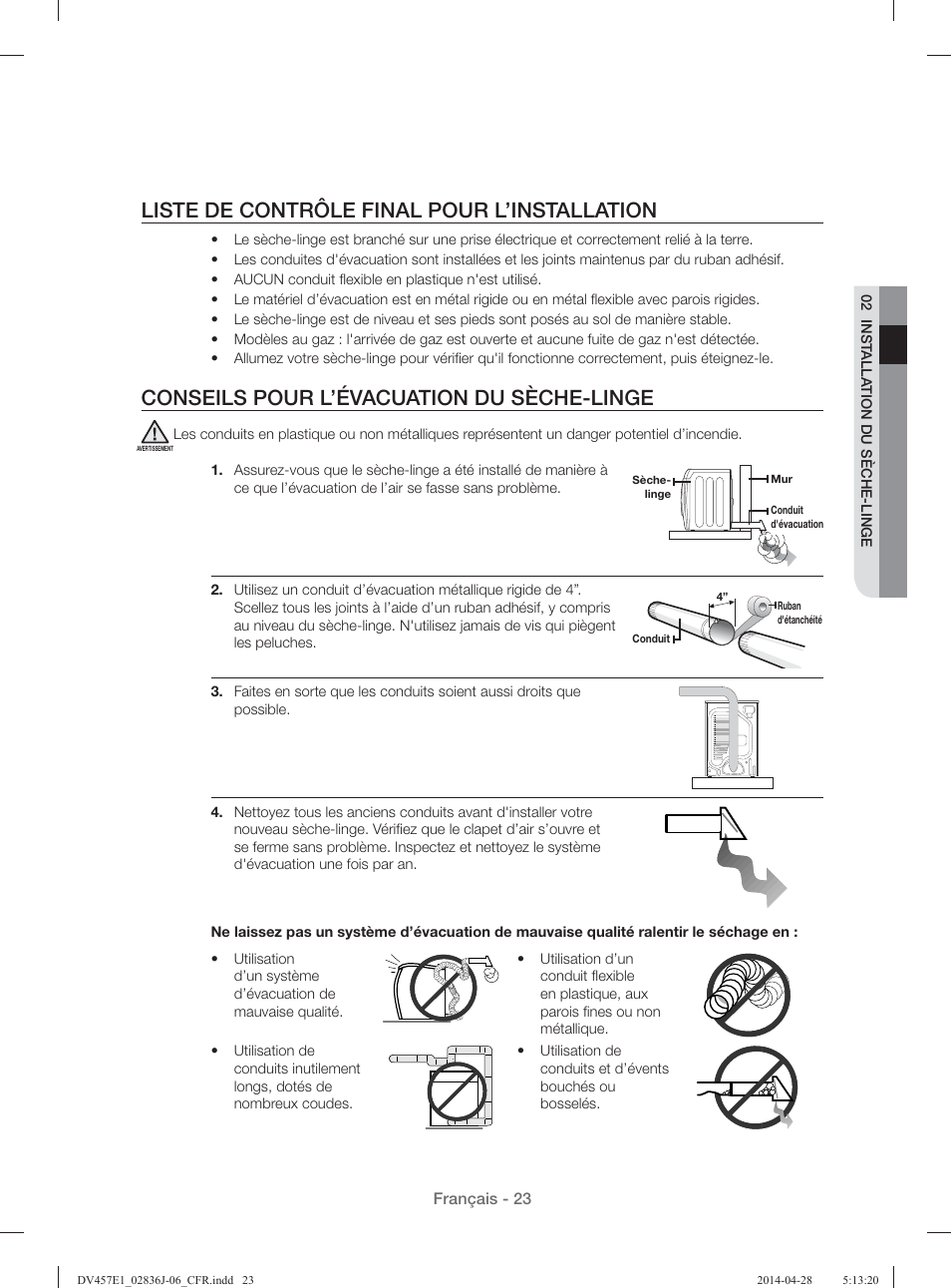 Liste de contrôle final pour l’installation, Conseils pour l’évacuation du sèche-linge | Samsung DV457E1GSGR-A1 User Manual | Page 99 / 228