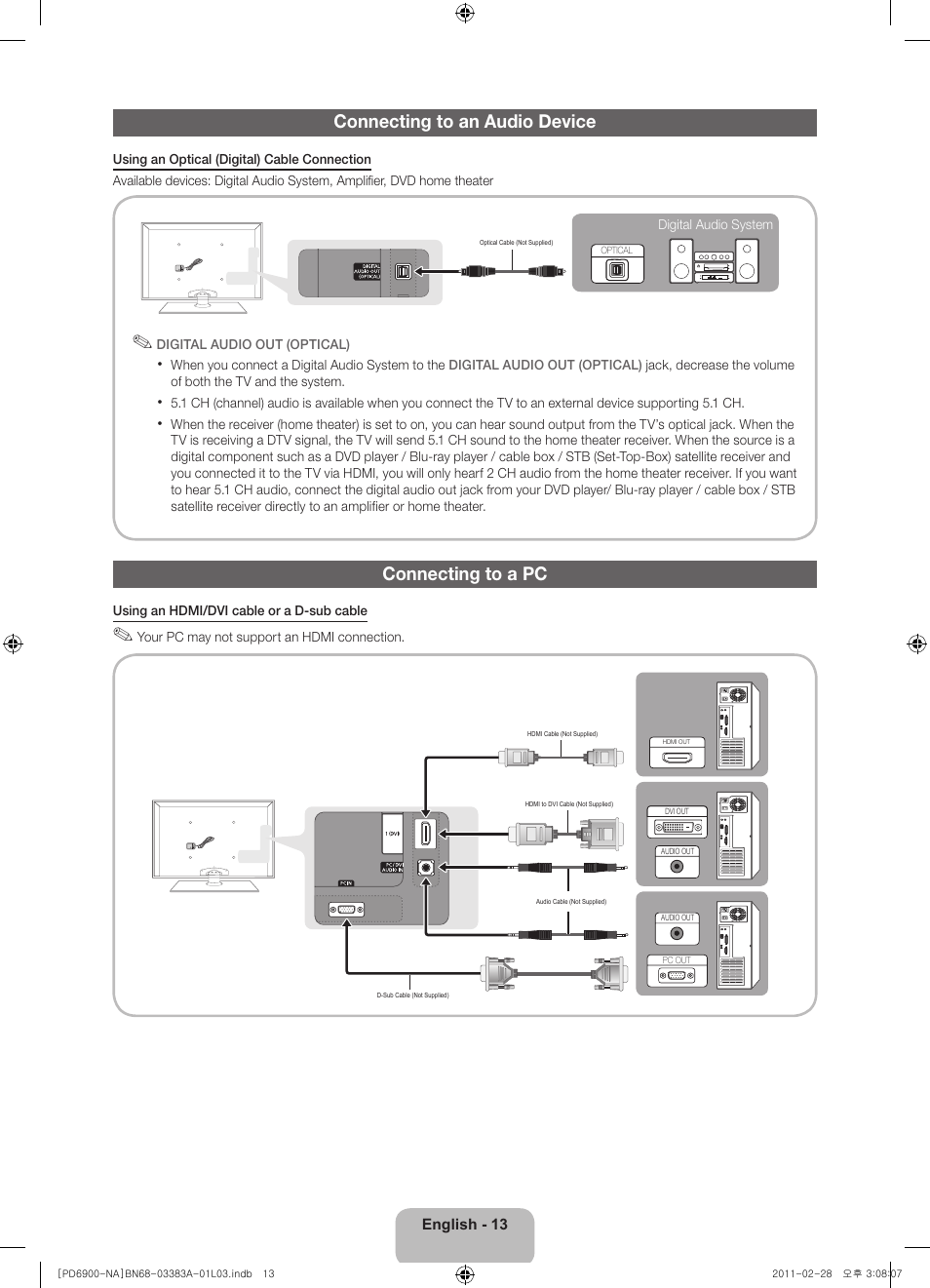 Connecting to an audio device, Connecting to a pc | Samsung PN51D6900DFXZA User Manual | Page 13 / 68