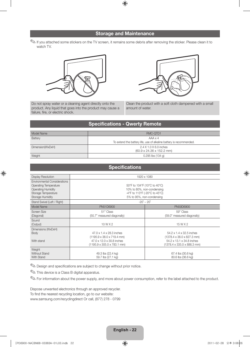 Storage and maintenance, Specifications - qwerty remote, Specifications | Samsung PN51D6900DFXZA User Manual | Page 22 / 68