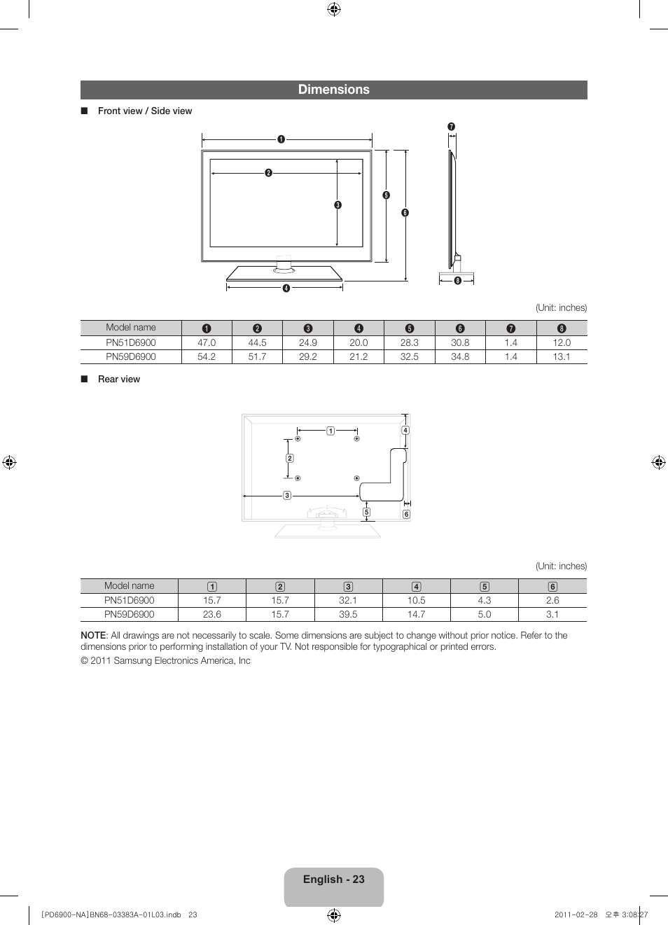 Dimensions | Samsung PN51D6900DFXZA User Manual | Page 23 / 68