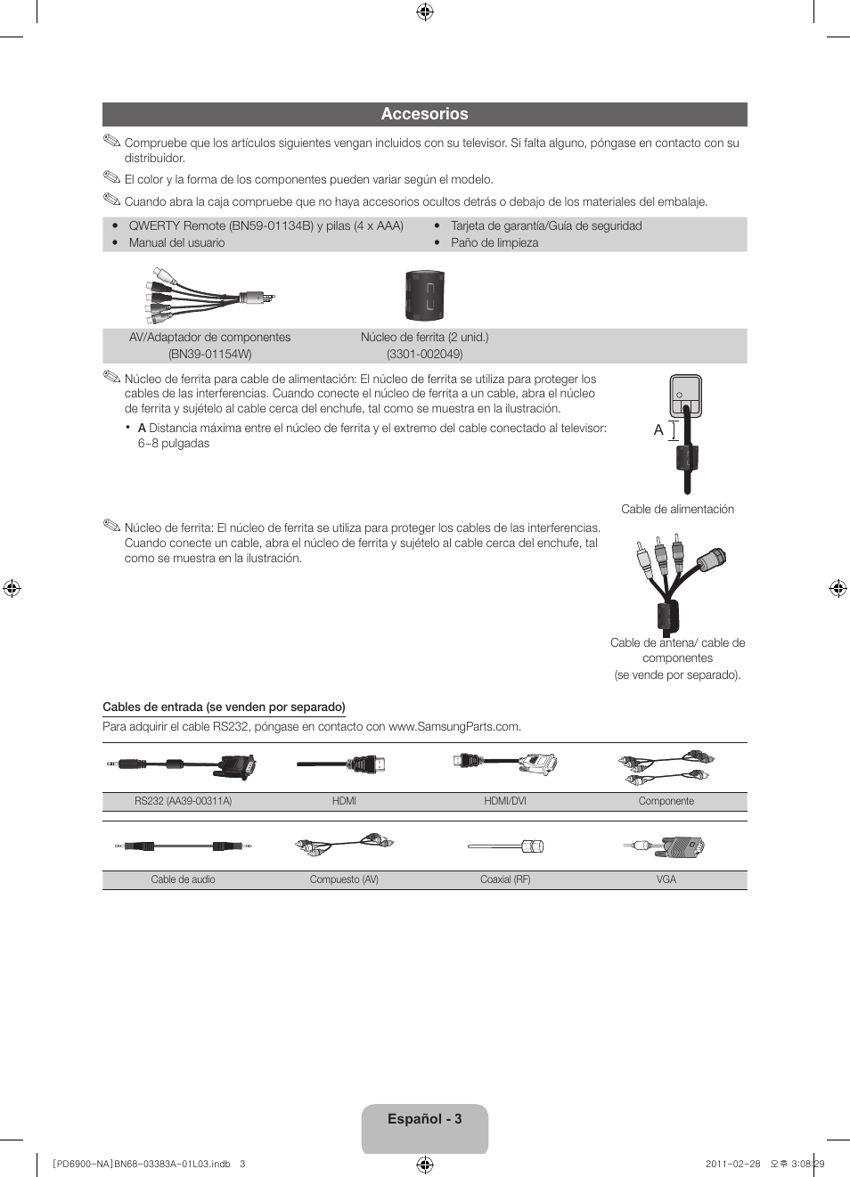 Accesorios | Samsung PN51D6900DFXZA User Manual | Page 26 / 68