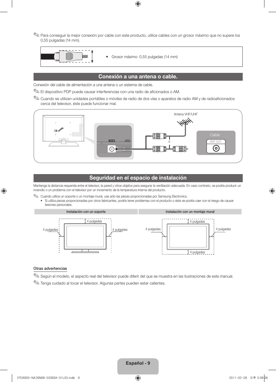 Conexión a una antena o cable, Seguridad en el espacio de instalación | Samsung PN51D6900DFXZA User Manual | Page 32 / 68