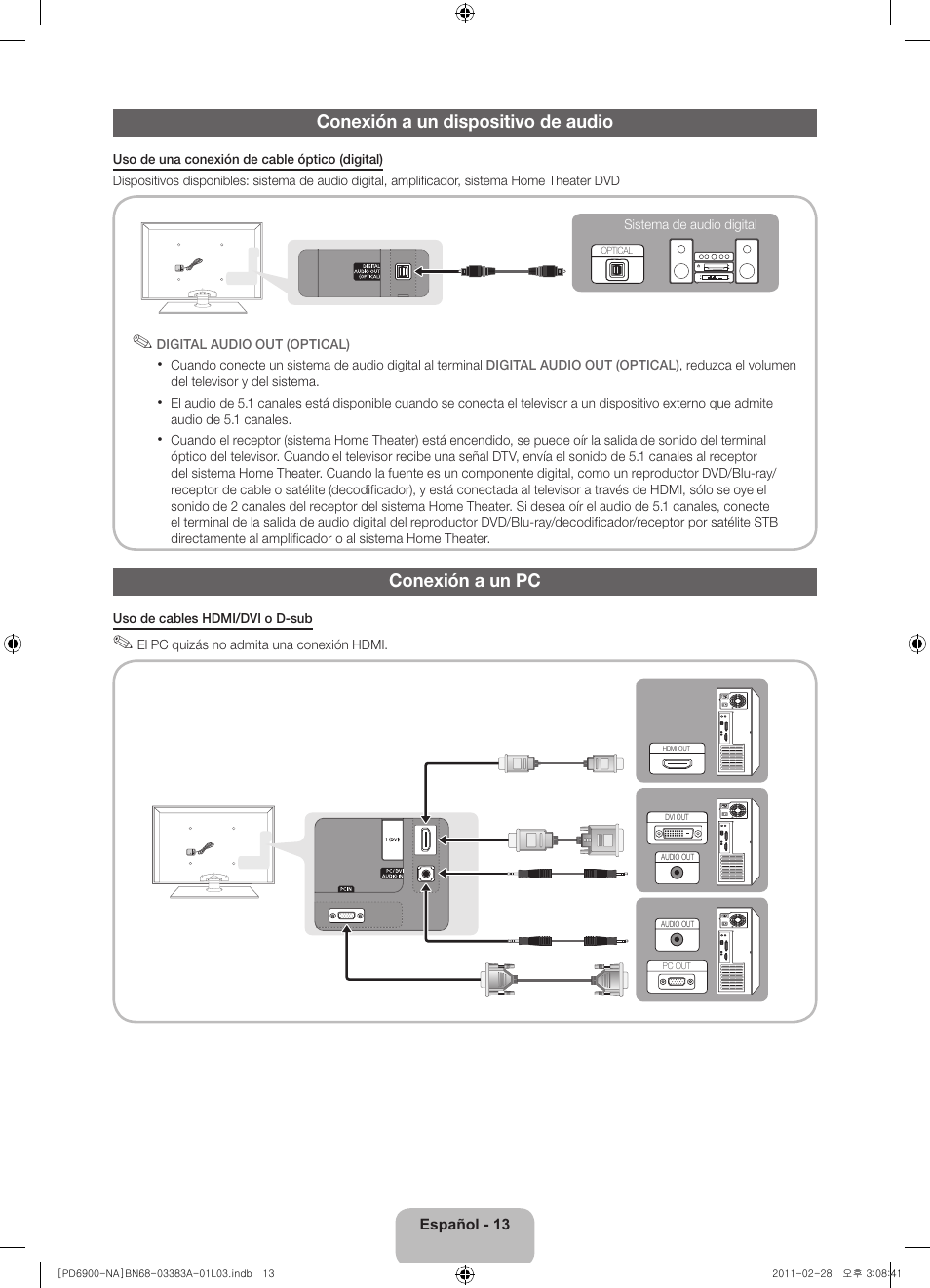 Conexión a un dispositivo de audio, Conexión a un pc | Samsung PN51D6900DFXZA User Manual | Page 36 / 68