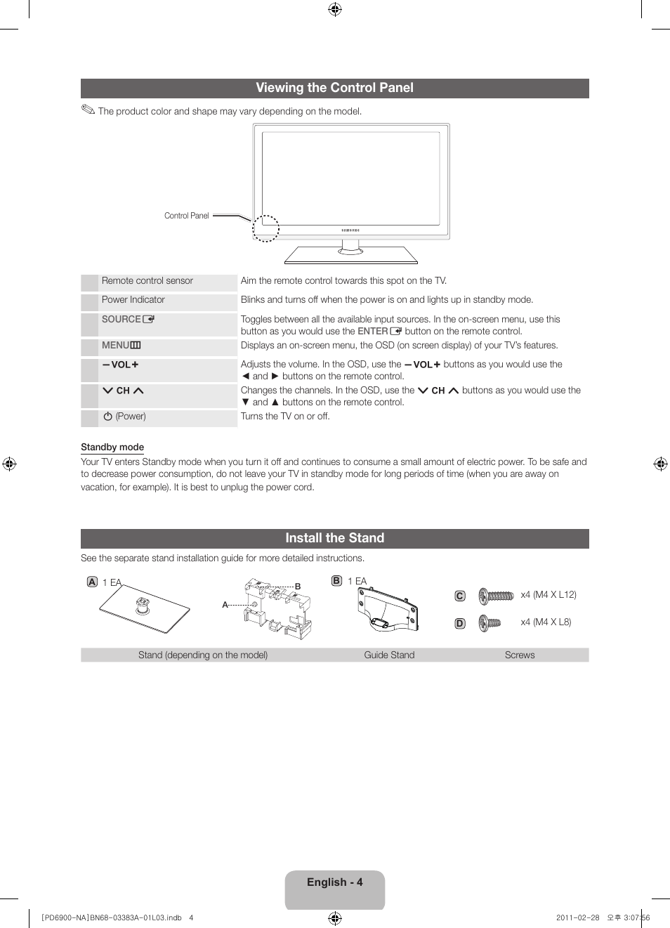 Viewing the control panel, Install the stand | Samsung PN51D6900DFXZA User Manual | Page 4 / 68