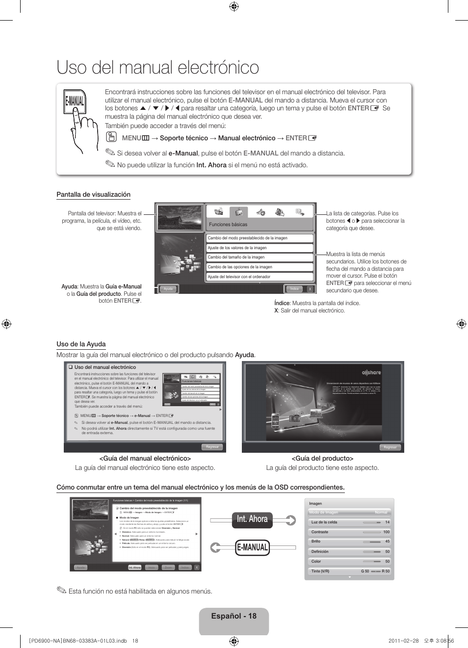 Uso del manual electrónico, E-manual, E-manual int. ahora | Español - 18, Esta función no está habilitada en algunos menús | Samsung PN51D6900DFXZA User Manual | Page 41 / 68