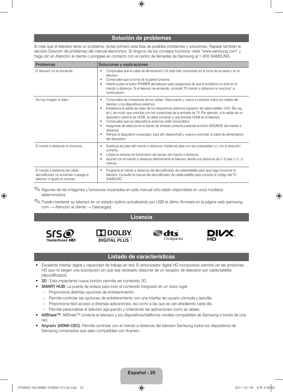 Solución de problemas, Licencia, Listado de características | Samsung PN51D6900DFXZA User Manual | Page 43 / 68