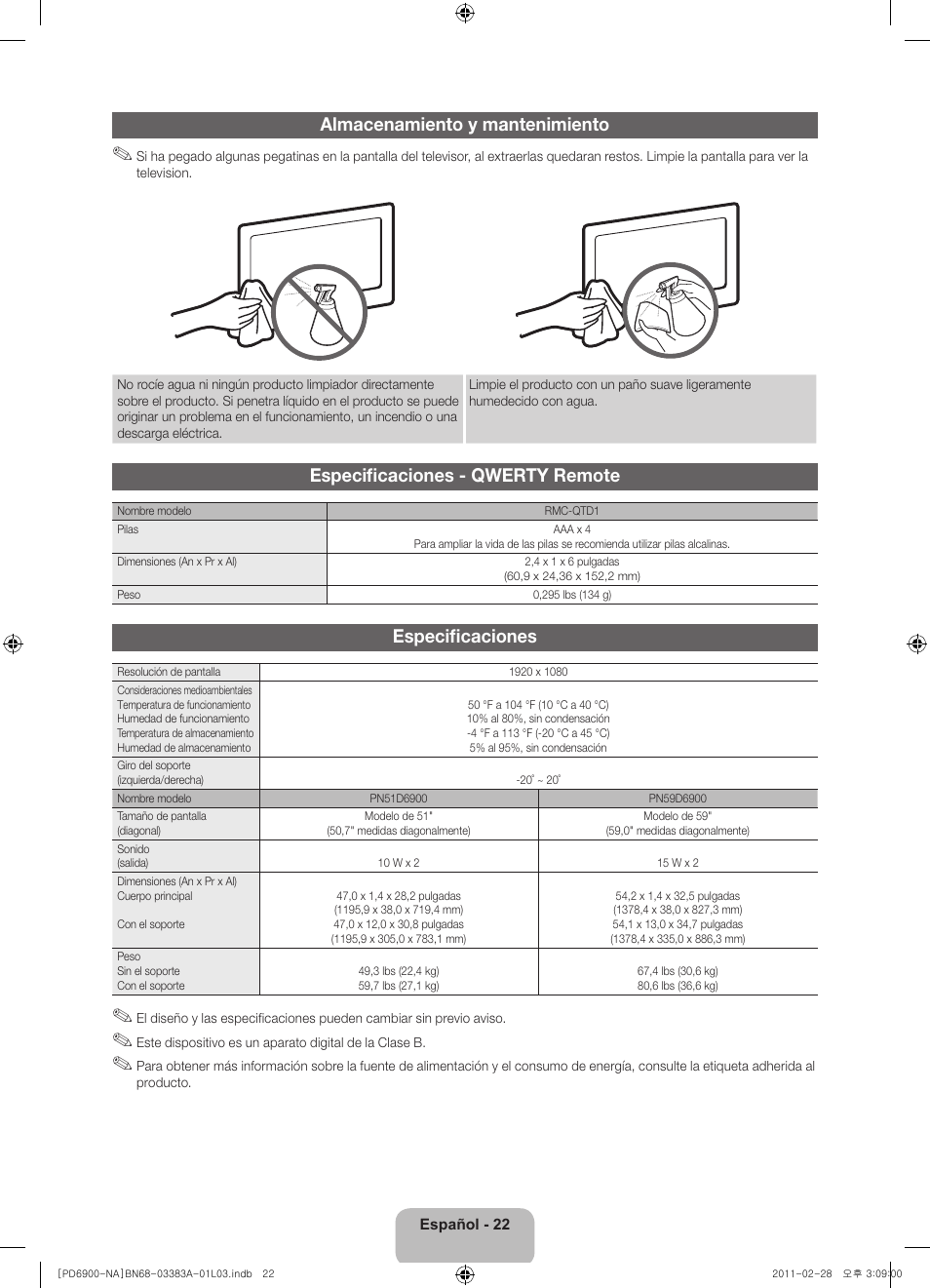 Almacenamiento y mantenimiento, Especificaciones - qwerty remote, Especificaciones | Samsung PN51D6900DFXZA User Manual | Page 45 / 68