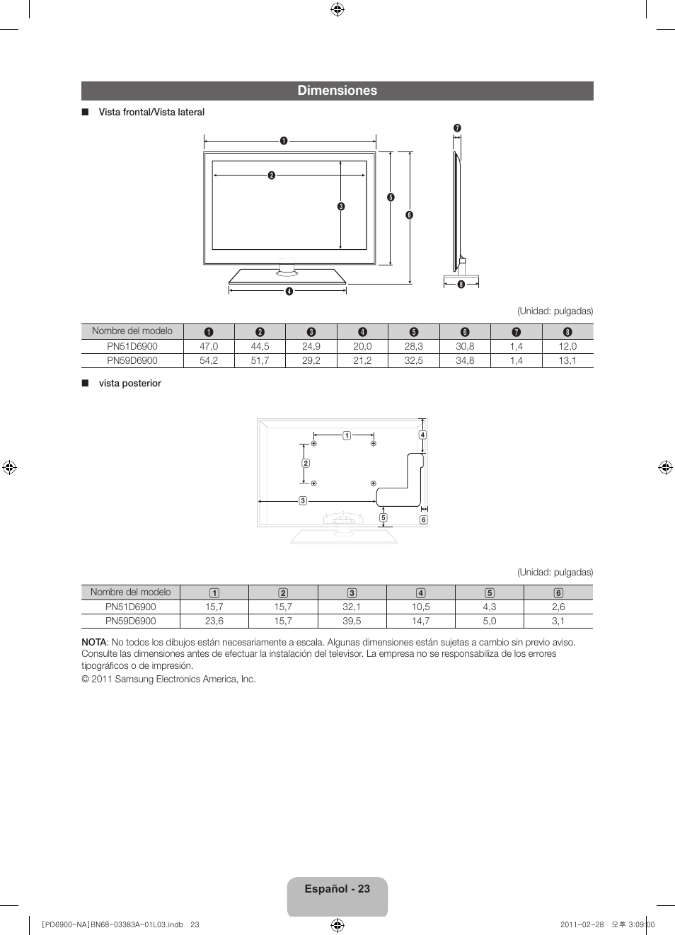 Dimensiones | Samsung PN51D6900DFXZA User Manual | Page 46 / 68