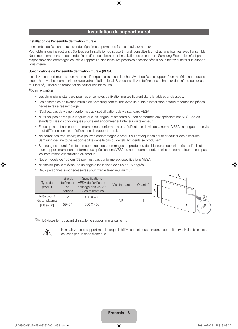 Installation du support mural | Samsung PN51D6900DFXZA User Manual | Page 51 / 68