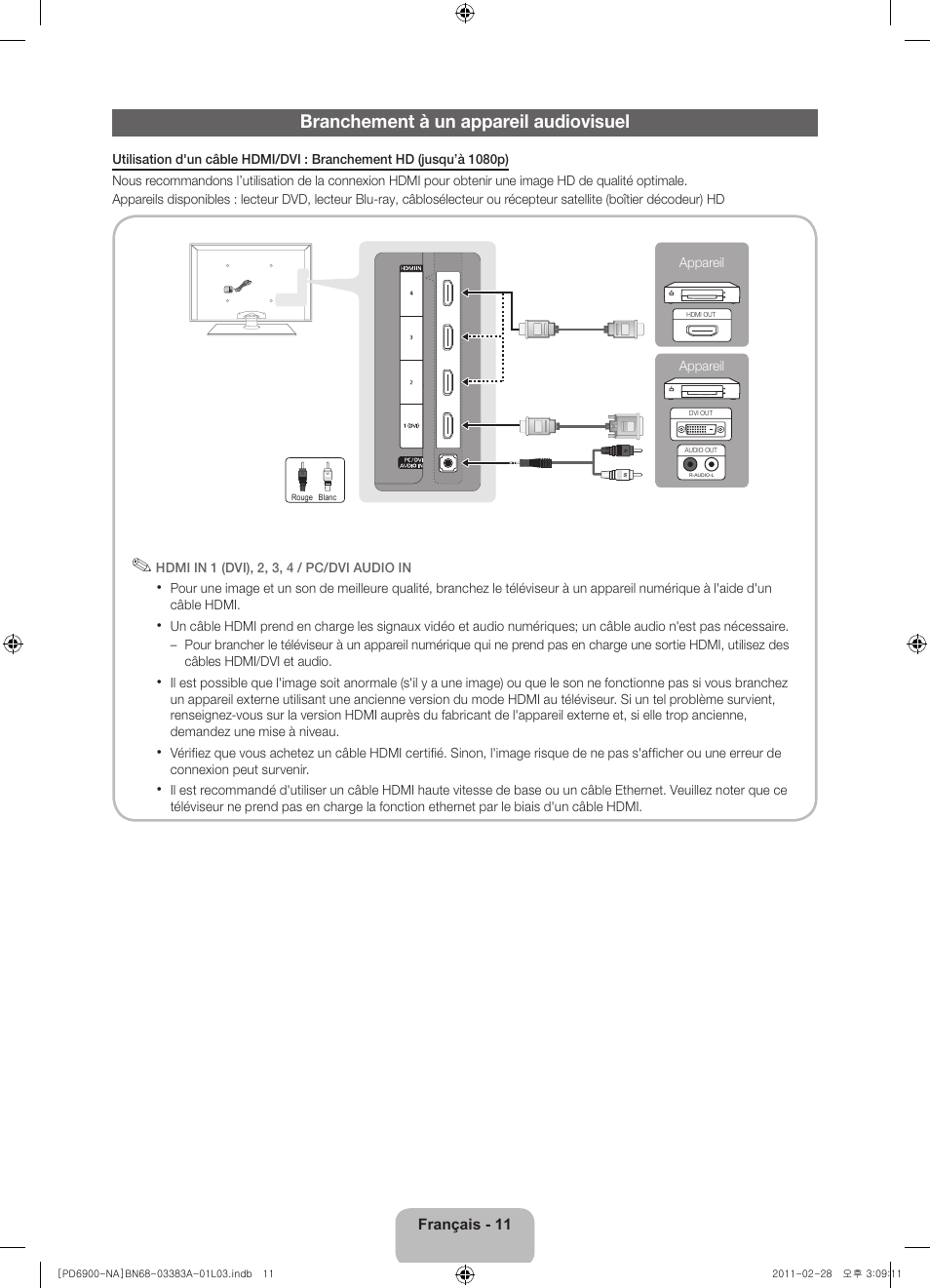 Branchement à un appareil audiovisuel | Samsung PN51D6900DFXZA User Manual | Page 56 / 68