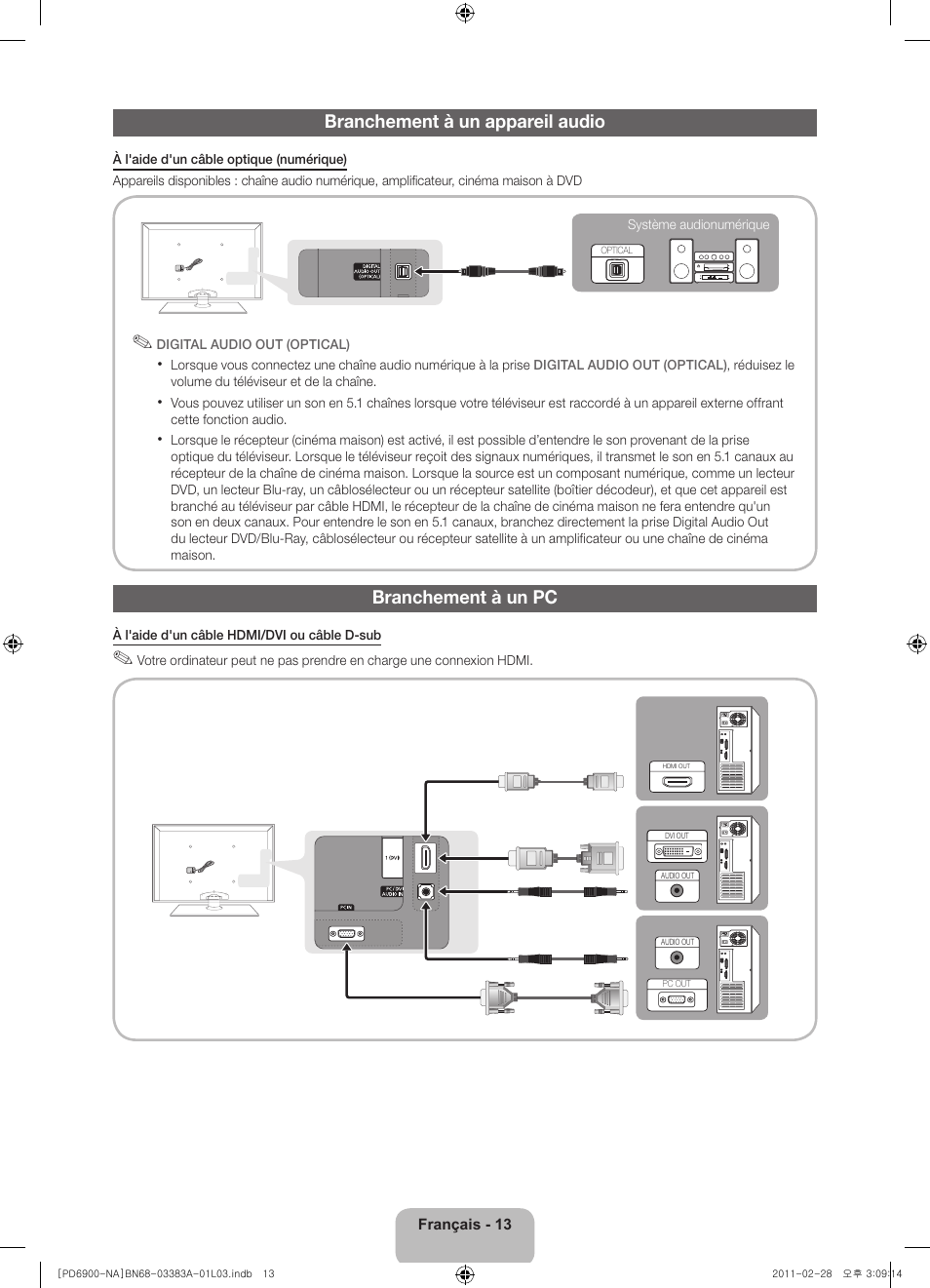 Branchement à un appareil audio, Branchement à un pc | Samsung PN51D6900DFXZA User Manual | Page 58 / 68