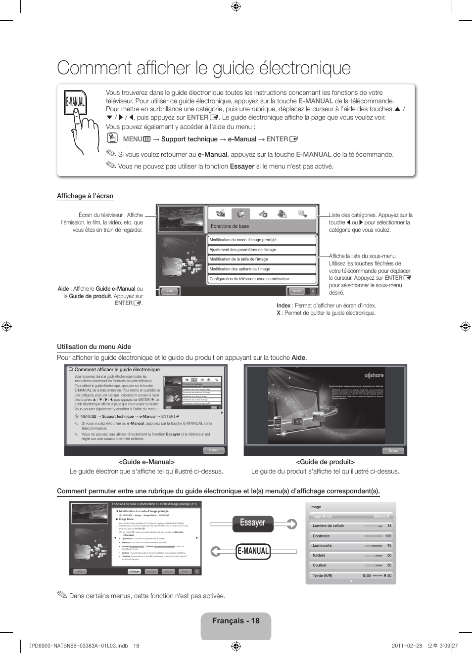 Comment affi cher le guide électronique, E-manual, E-manual essayer | Français - 18, Menu m → support technique → e-manual → enter e | Samsung PN51D6900DFXZA User Manual | Page 63 / 68