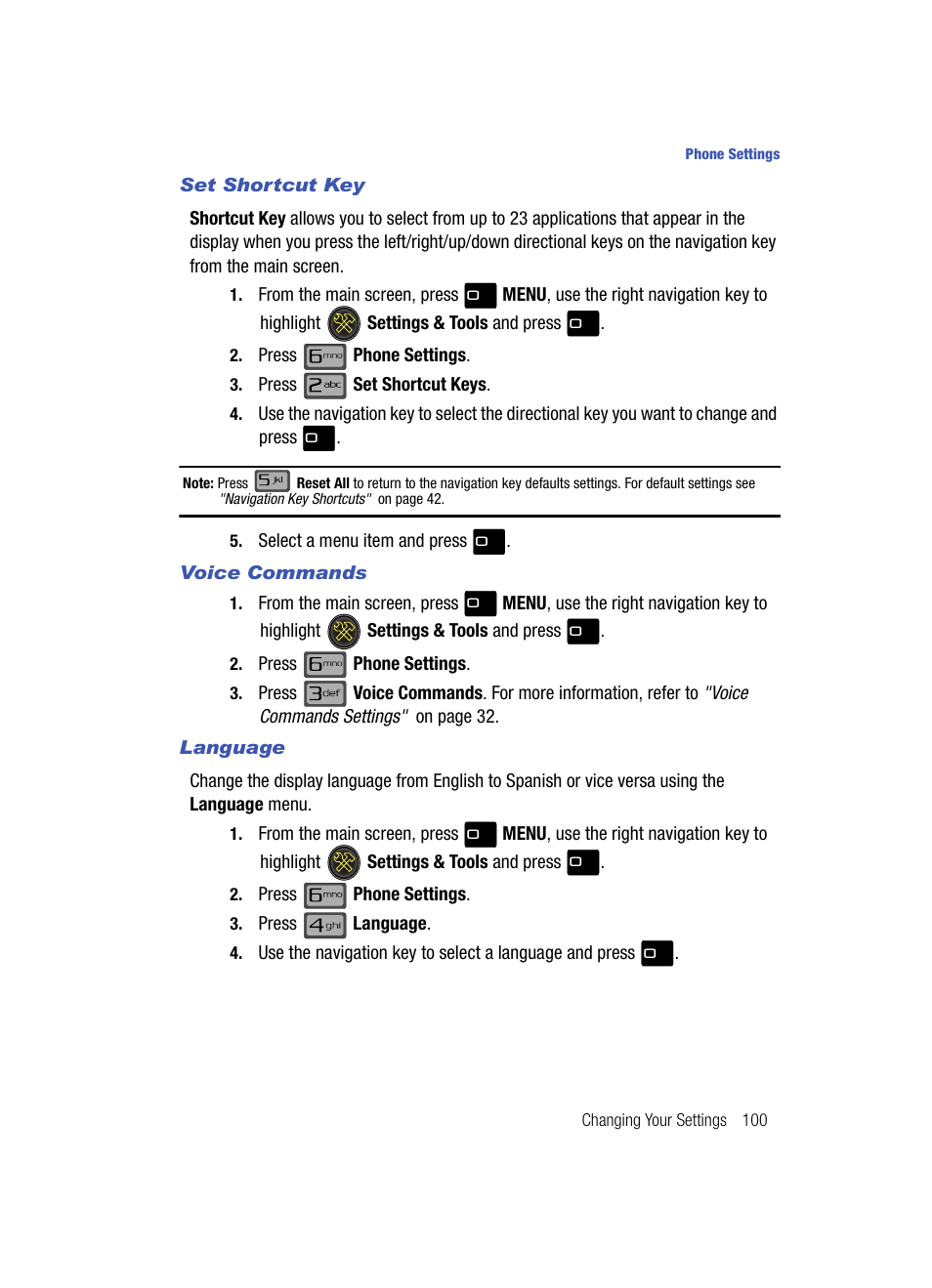 Set shortcut key, Voice commands, Language | Samsung SCH-U700ZNAVZW User Manual | Page 103 / 180