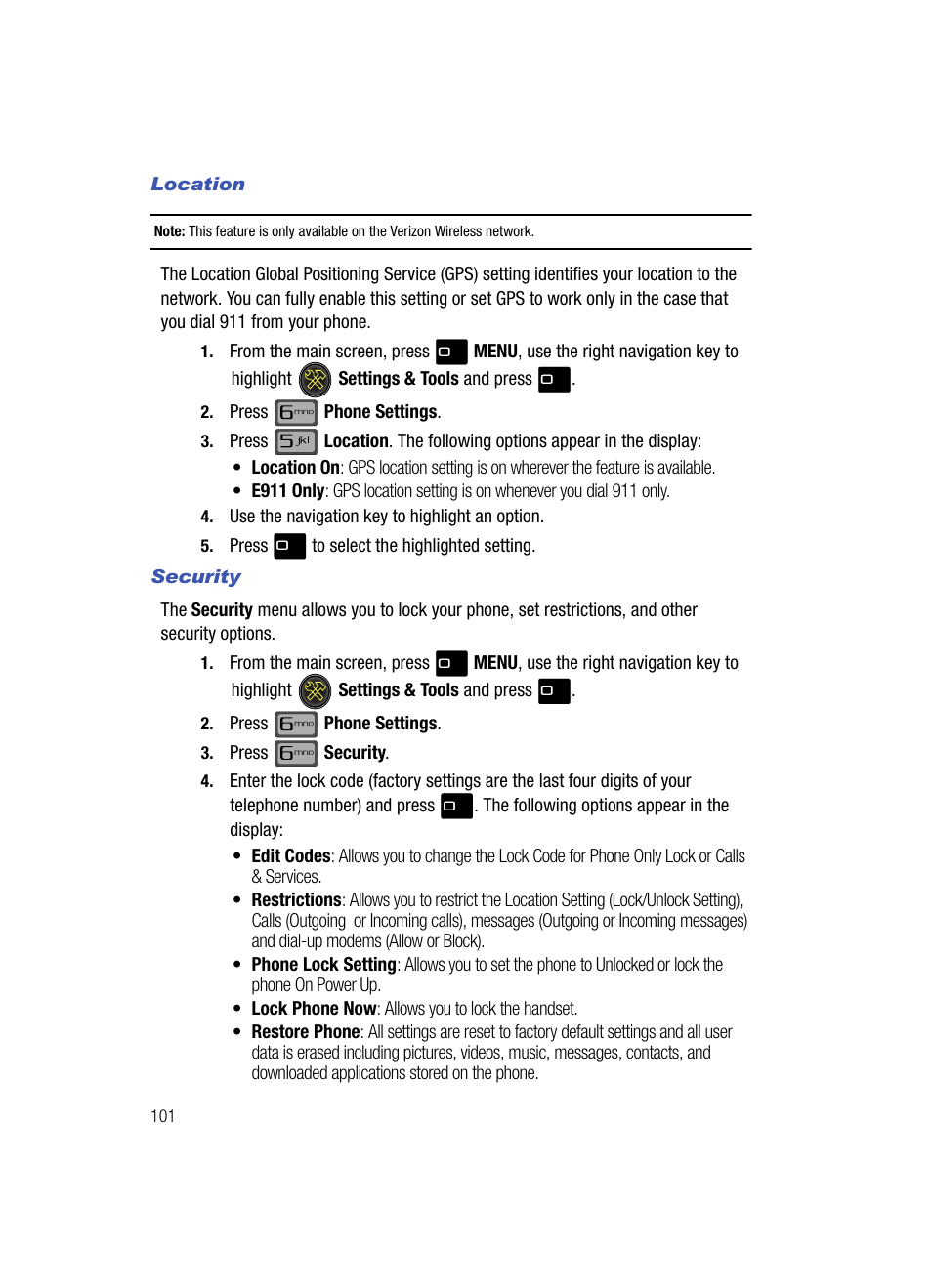 Location, Security | Samsung SCH-U700ZNAVZW User Manual | Page 104 / 180