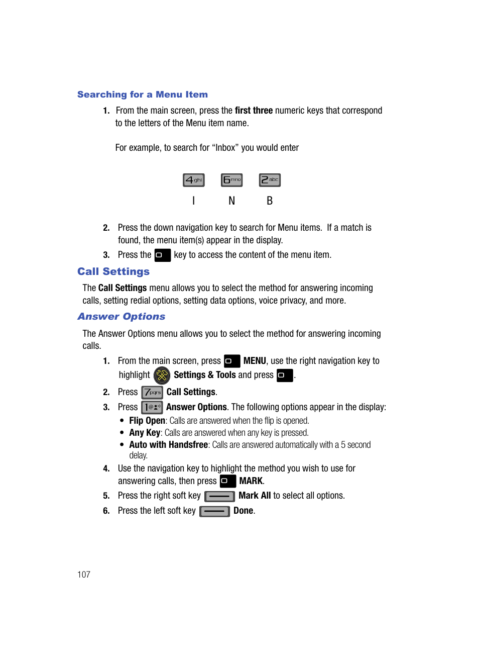 Call settings, Answer options | Samsung SCH-U700ZNAVZW User Manual | Page 110 / 180