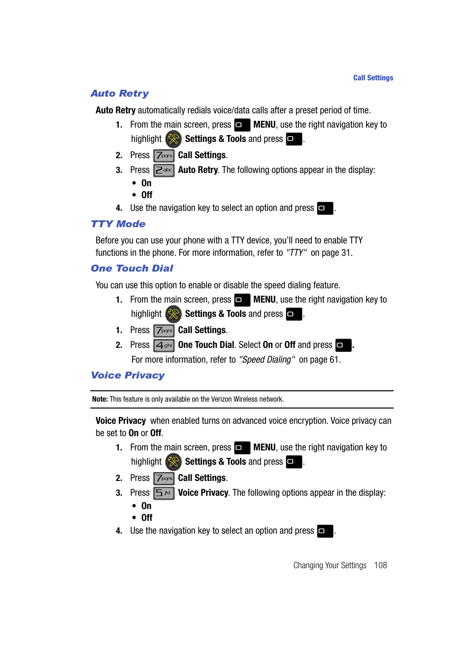 Auto retry, Tty mode, One touch dial | Voice privacy | Samsung SCH-U700ZNAVZW User Manual | Page 111 / 180