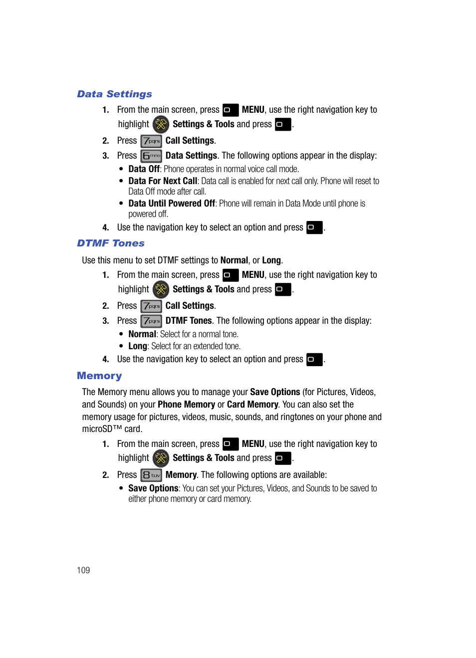 Data settings, Dtmf tones, Memory | Samsung SCH-U700ZNAVZW User Manual | Page 112 / 180