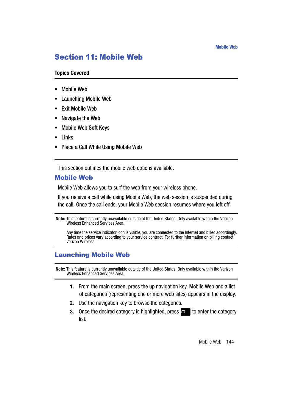 Section 11: mobile web, Mobile web, Launching mobile web | Mobile web launching mobile web | Samsung SCH-U700ZNAVZW User Manual | Page 147 / 180