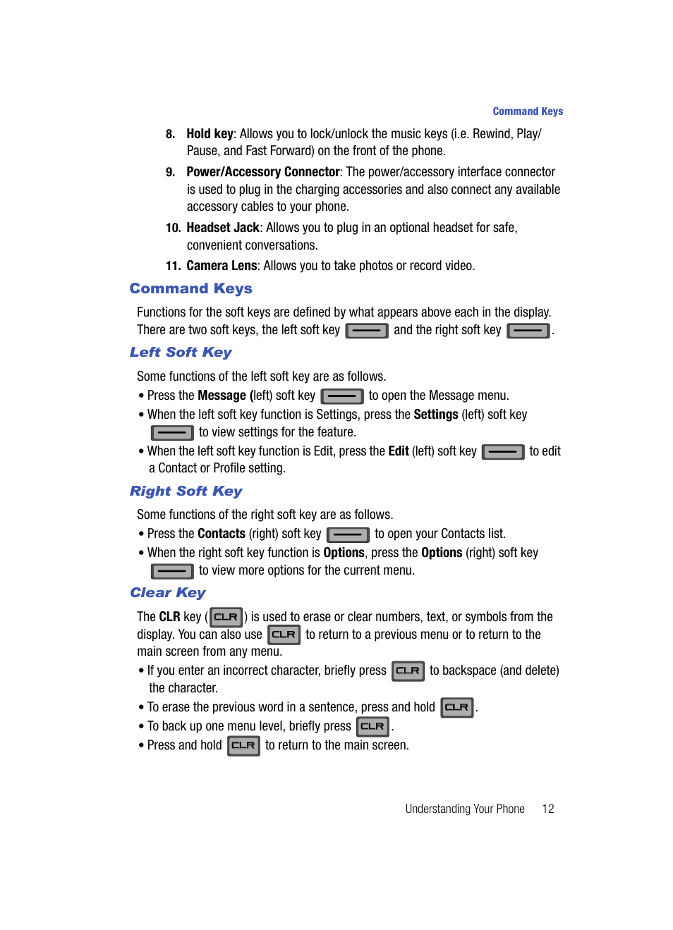 Command keys, Left soft key, Right soft key | Clear key | Samsung SCH-U700ZNAVZW User Manual | Page 15 / 180