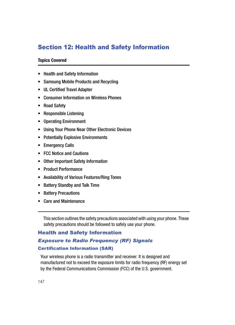 Section 12: health and safety information, Health and safety information, Exposure to radio frequency (rf) signals | Samsung SCH-U700ZNAVZW User Manual | Page 150 / 180