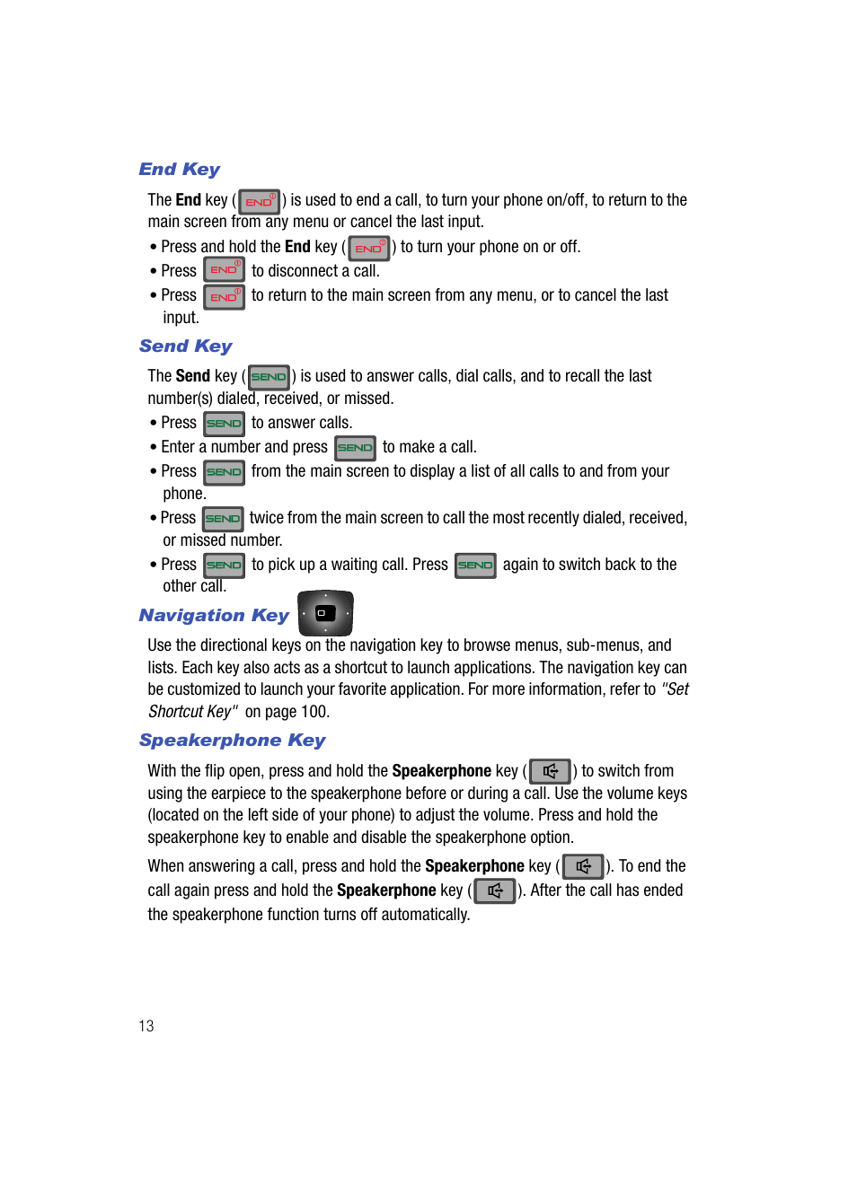 End key, Send key, Navigation key | Speakerphone key, Press to disconnect a call, Press to answer calls, Enter a number and press to make a call | Samsung SCH-U700ZNAVZW User Manual | Page 16 / 180