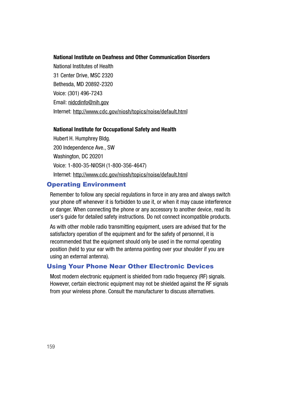 Operating environment, Using your phone near other electronic devices | Samsung SCH-U700ZNAVZW User Manual | Page 162 / 180