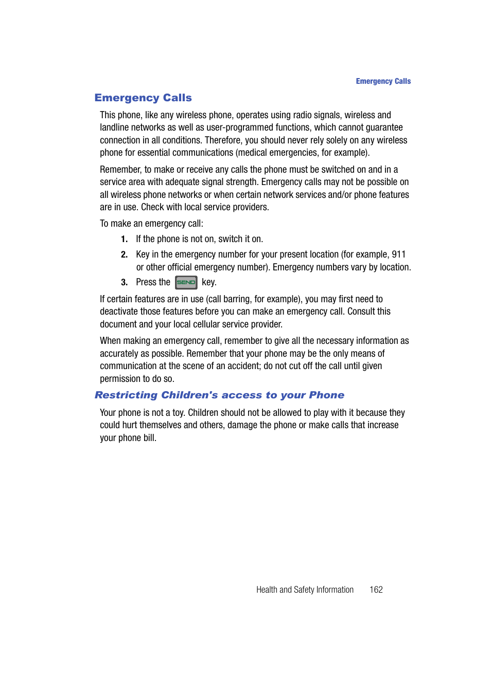 Emergency calls, Restricting children's access to your phone | Samsung SCH-U700ZNAVZW User Manual | Page 165 / 180