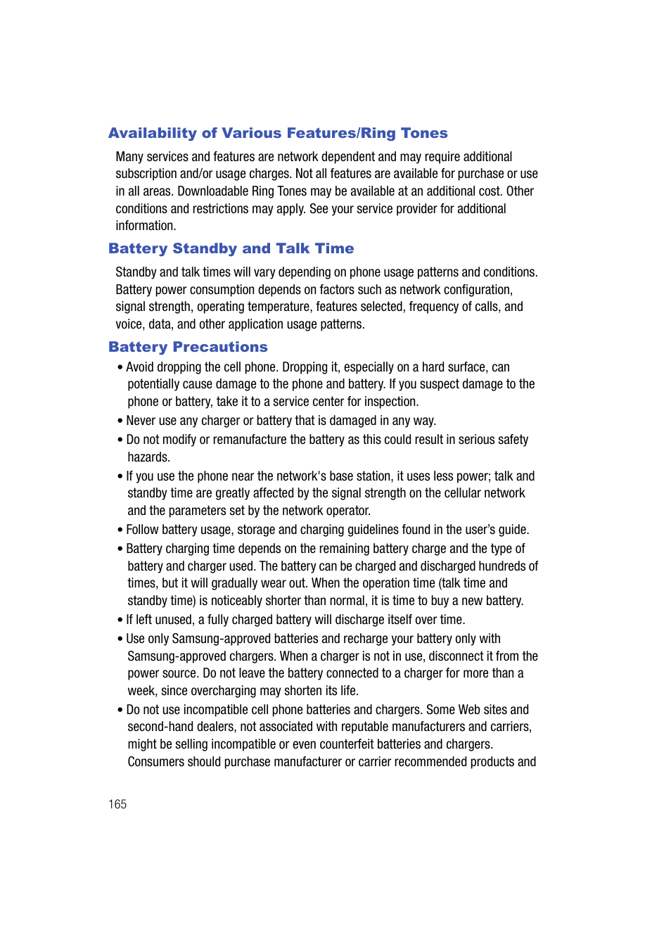 Availability of various features/ring tones, Battery standby and talk time, Battery precautions | Samsung SCH-U700ZNAVZW User Manual | Page 168 / 180