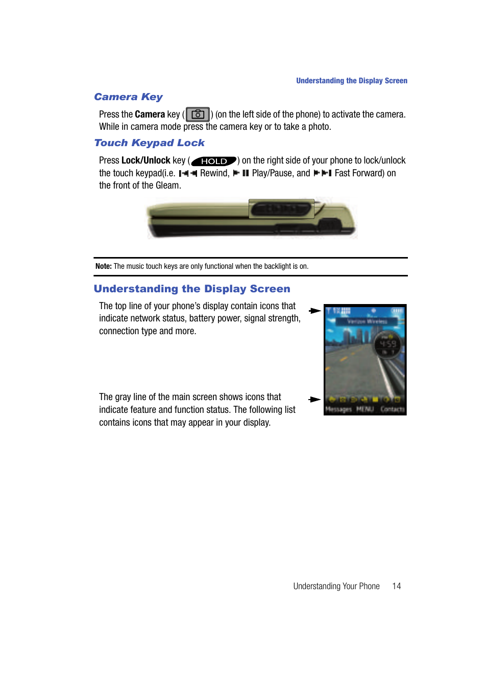 Camera key, Touch keypad lock, Understanding the display screen | Samsung SCH-U700ZNAVZW User Manual | Page 17 / 180