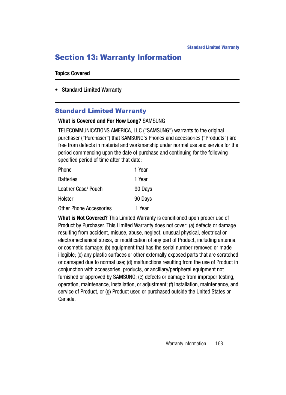 Section 13: warranty information, Standard limited warranty | Samsung SCH-U700ZNAVZW User Manual | Page 171 / 180