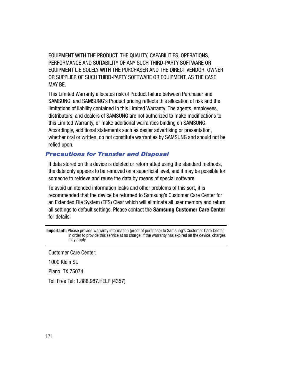Precautions for transfer and disposal | Samsung SCH-U700ZNAVZW User Manual | Page 174 / 180