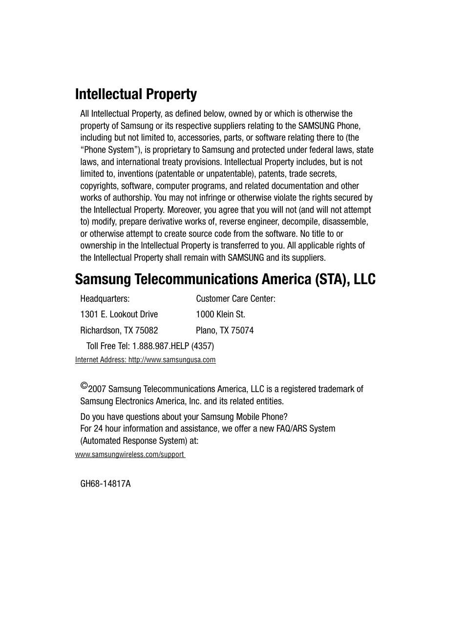 Intellectual property, Samsung telecommunications america (sta), llc | Samsung SCH-U700ZNAVZW User Manual | Page 2 / 180