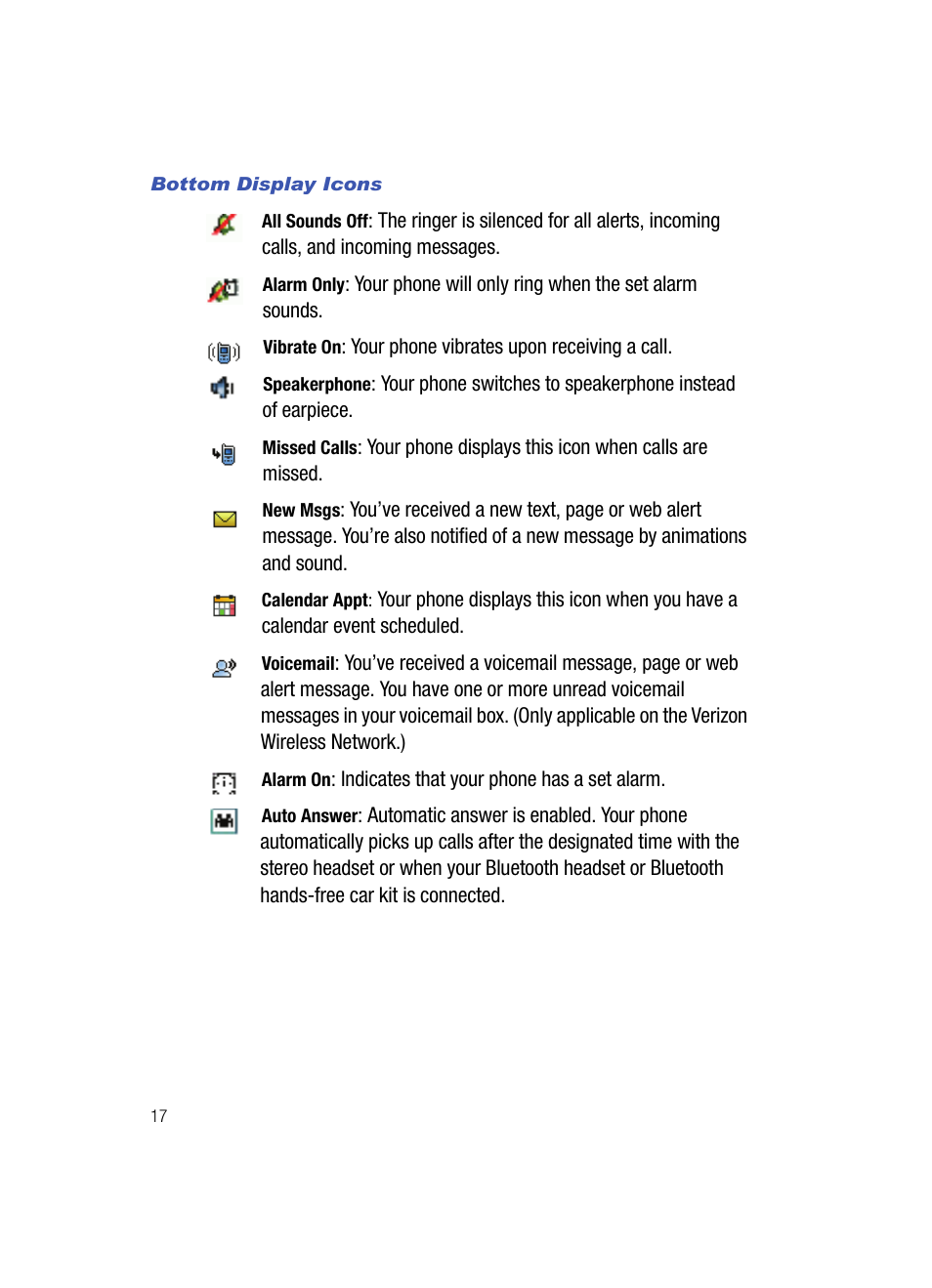 Bottom display icons | Samsung SCH-U700ZNAVZW User Manual | Page 20 / 180