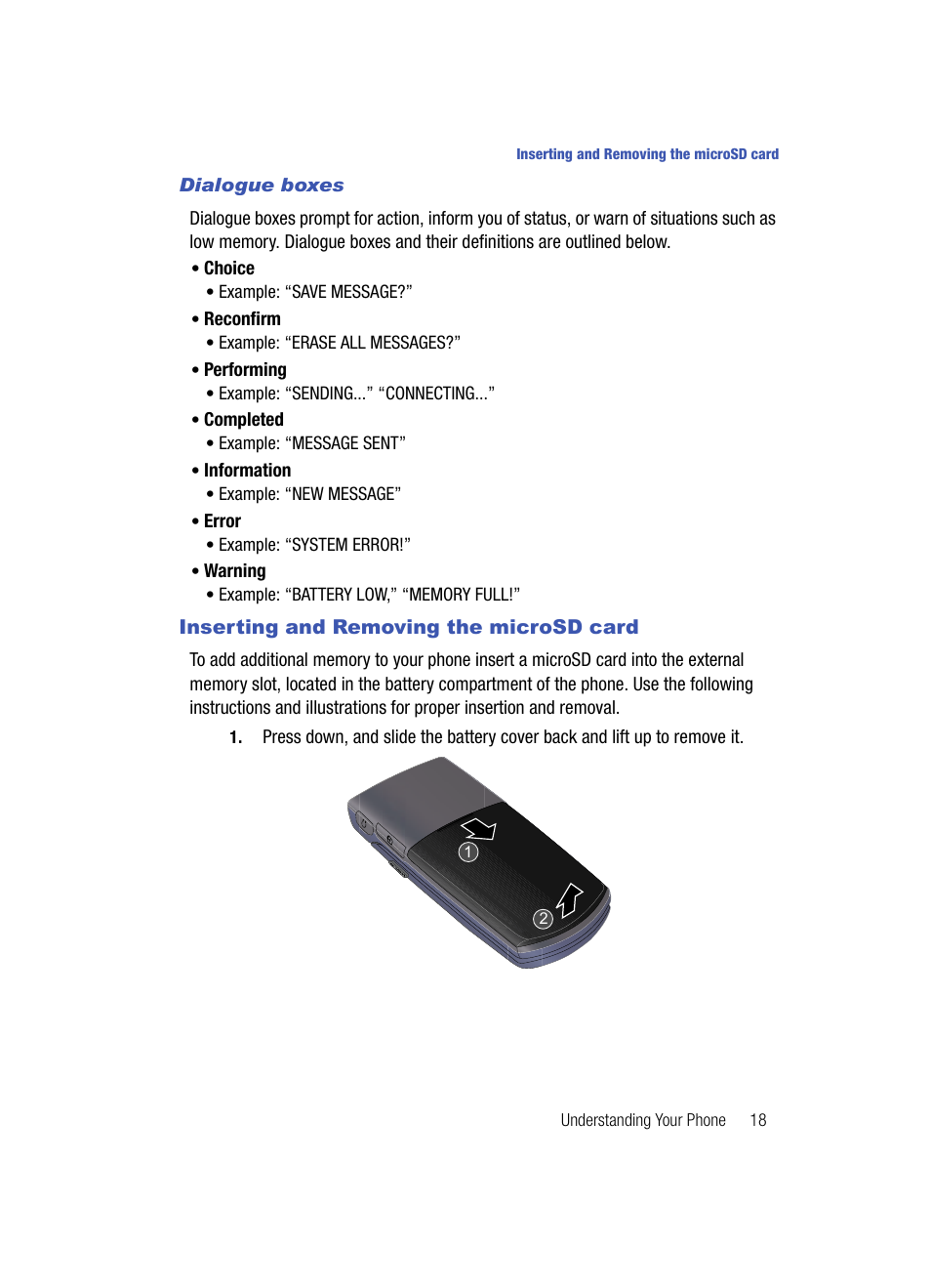 Dialogue boxes, Inserting and removing the microsd card | Samsung SCH-U700ZNAVZW User Manual | Page 21 / 180