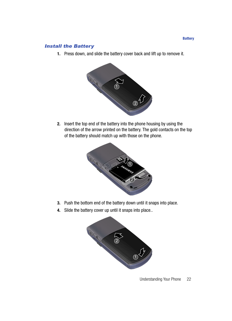 Install the battery | Samsung SCH-U700ZNAVZW User Manual | Page 25 / 180