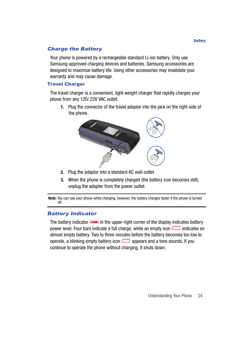 Charge the battery, Battery indicator | Samsung SCH-U700ZNAVZW User Manual | Page 27 / 180