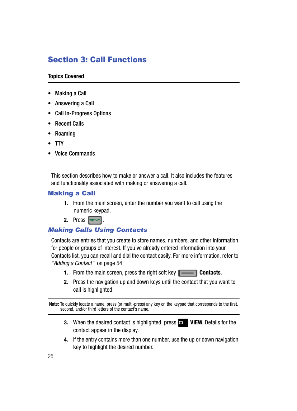 Section 3: call functions, Making a call, Making calls using contacts | Samsung SCH-U700ZNAVZW User Manual | Page 28 / 180