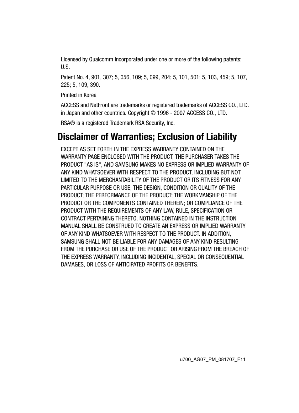 Disclaimer of warranties; exclusion of liability | Samsung SCH-U700ZNAVZW User Manual | Page 3 / 180