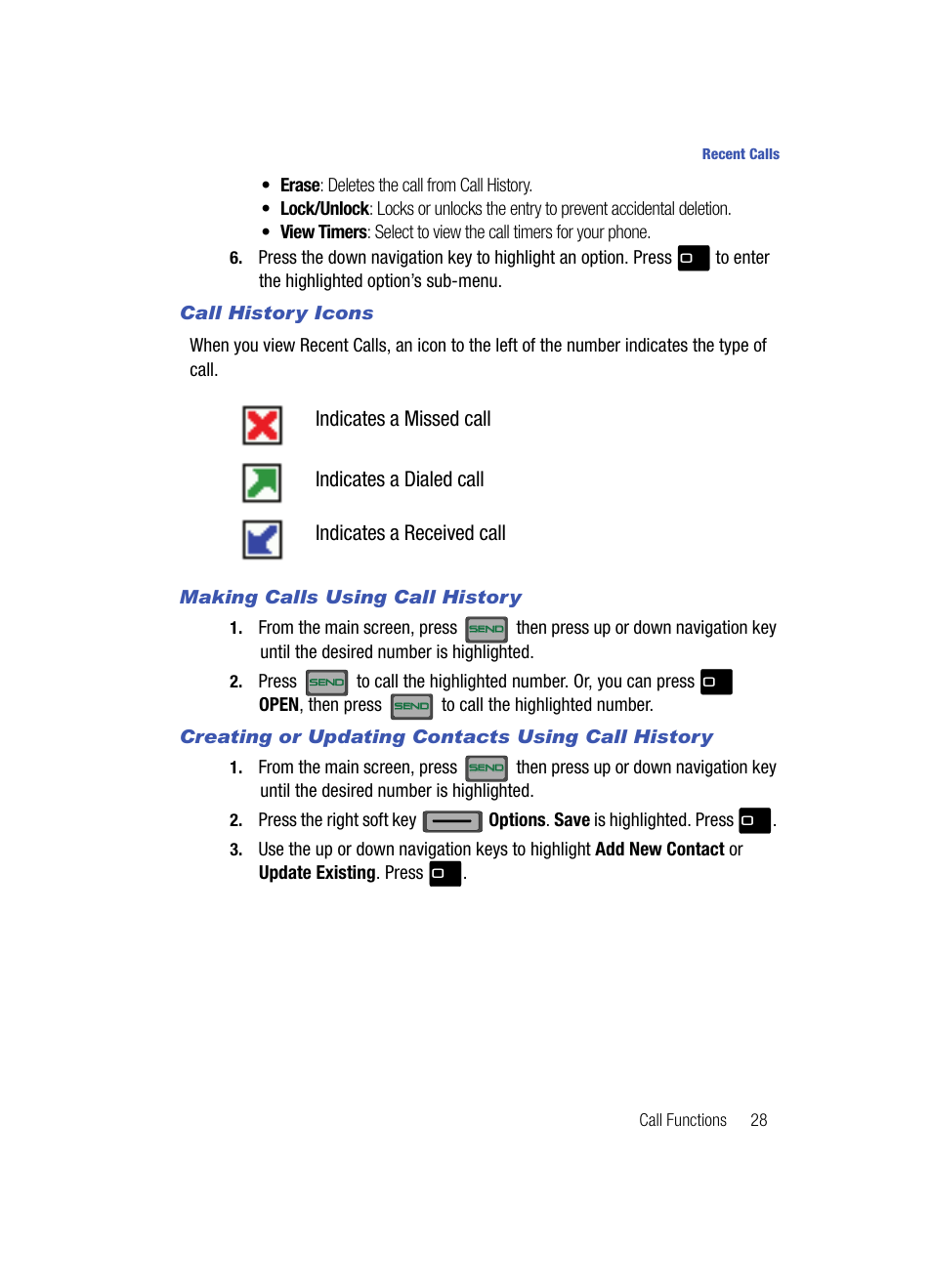 Call history icons, Making calls using call history, Creating or updating contacts using call history | Samsung SCH-U700ZNAVZW User Manual | Page 31 / 180