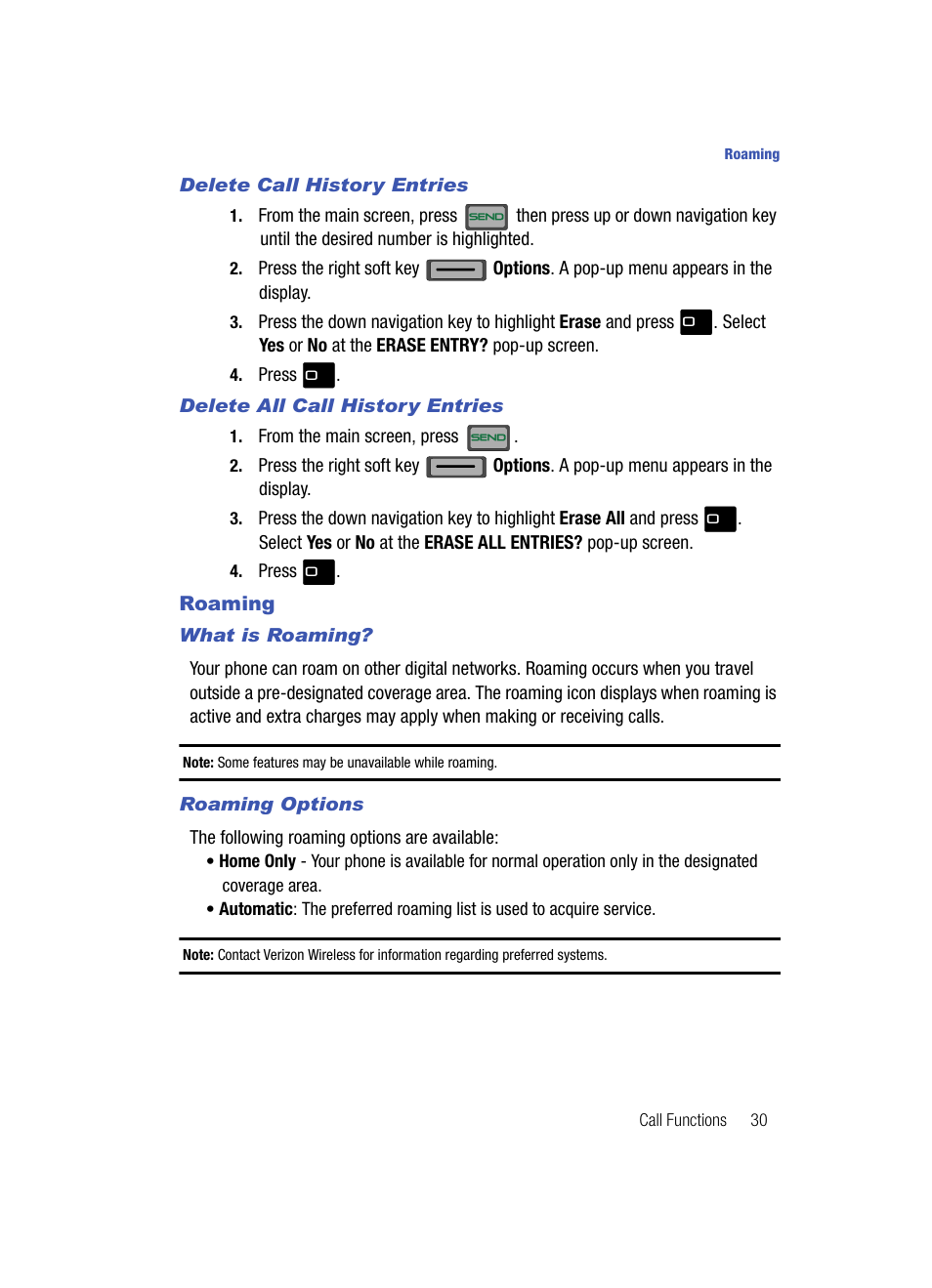 Delete call history entries, Delete all call history entries, Roaming | What is roaming, Roaming options | Samsung SCH-U700ZNAVZW User Manual | Page 33 / 180