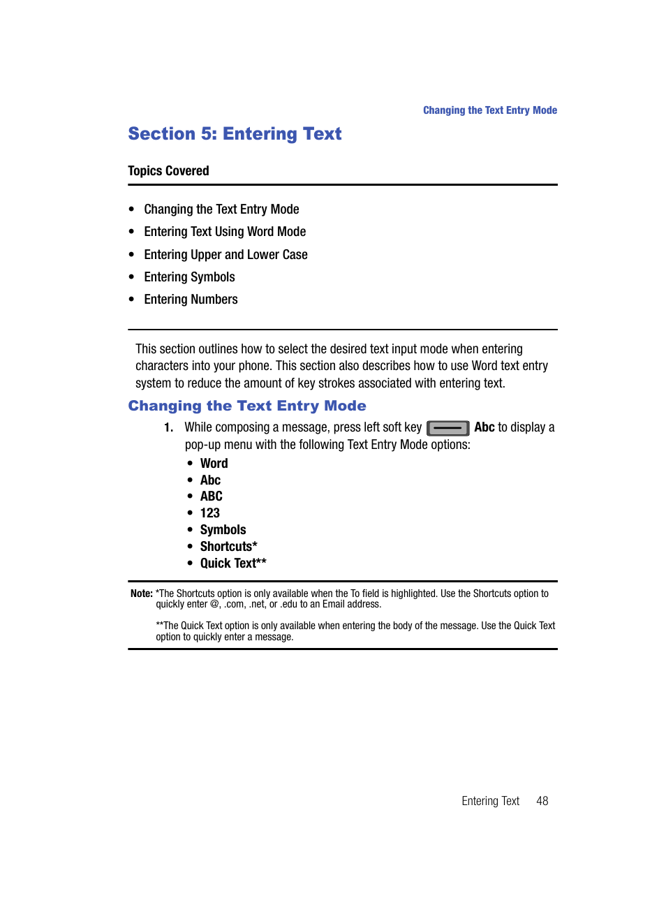 Section 5: entering text, Changing the text entry mode | Samsung SCH-U700ZNAVZW User Manual | Page 51 / 180