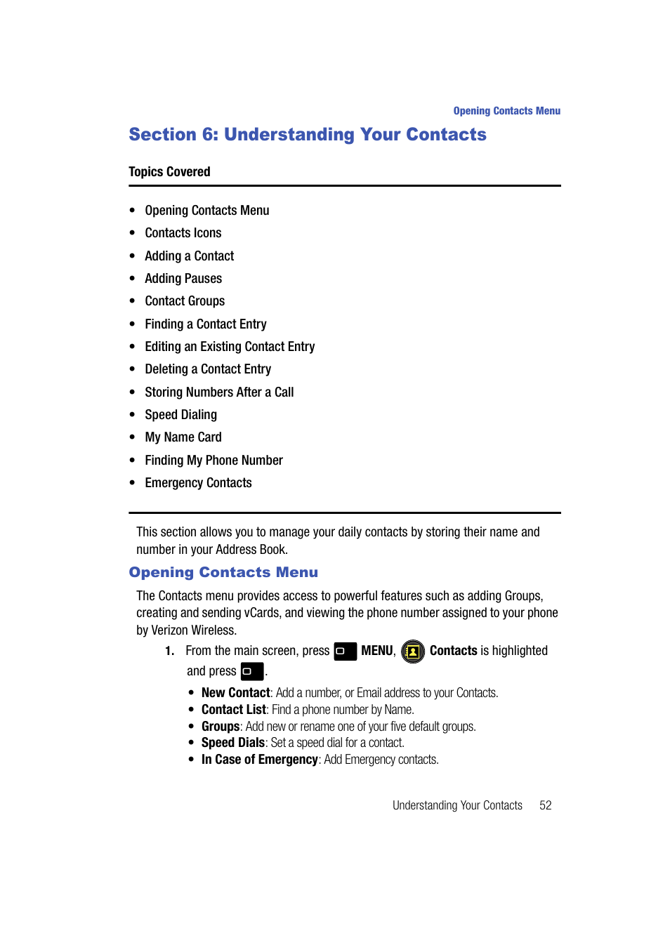 Section 6: understanding your contacts, Opening contacts menu | Samsung SCH-U700ZNAVZW User Manual | Page 55 / 180