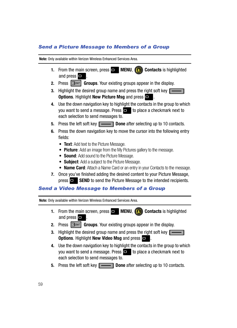 Send a picture message to members of a group, Send a video message to members of a group | Samsung SCH-U700ZNAVZW User Manual | Page 62 / 180