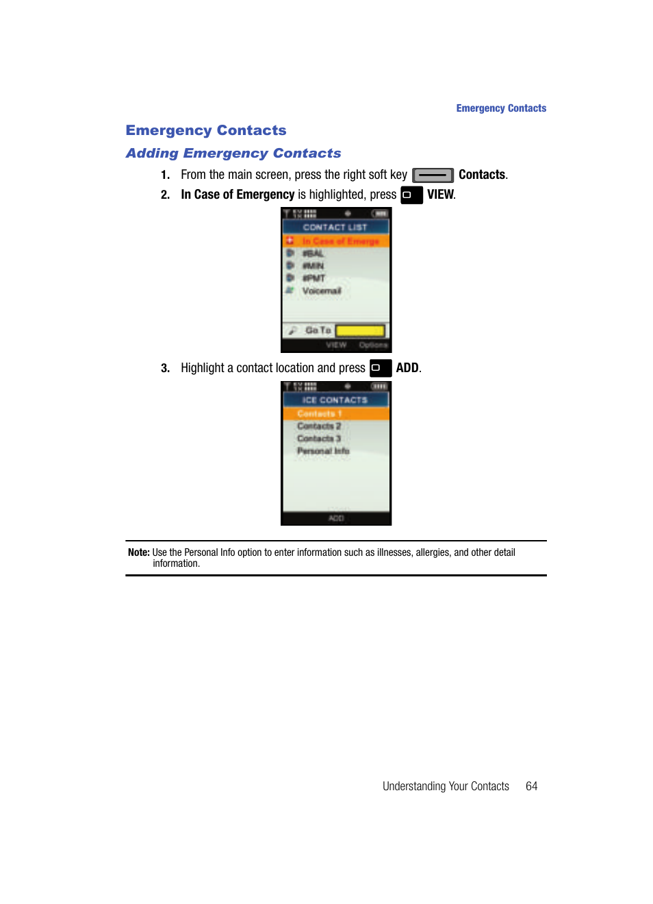 Emergency contacts, Adding emergency contacts | Samsung SCH-U700ZNAVZW User Manual | Page 67 / 180