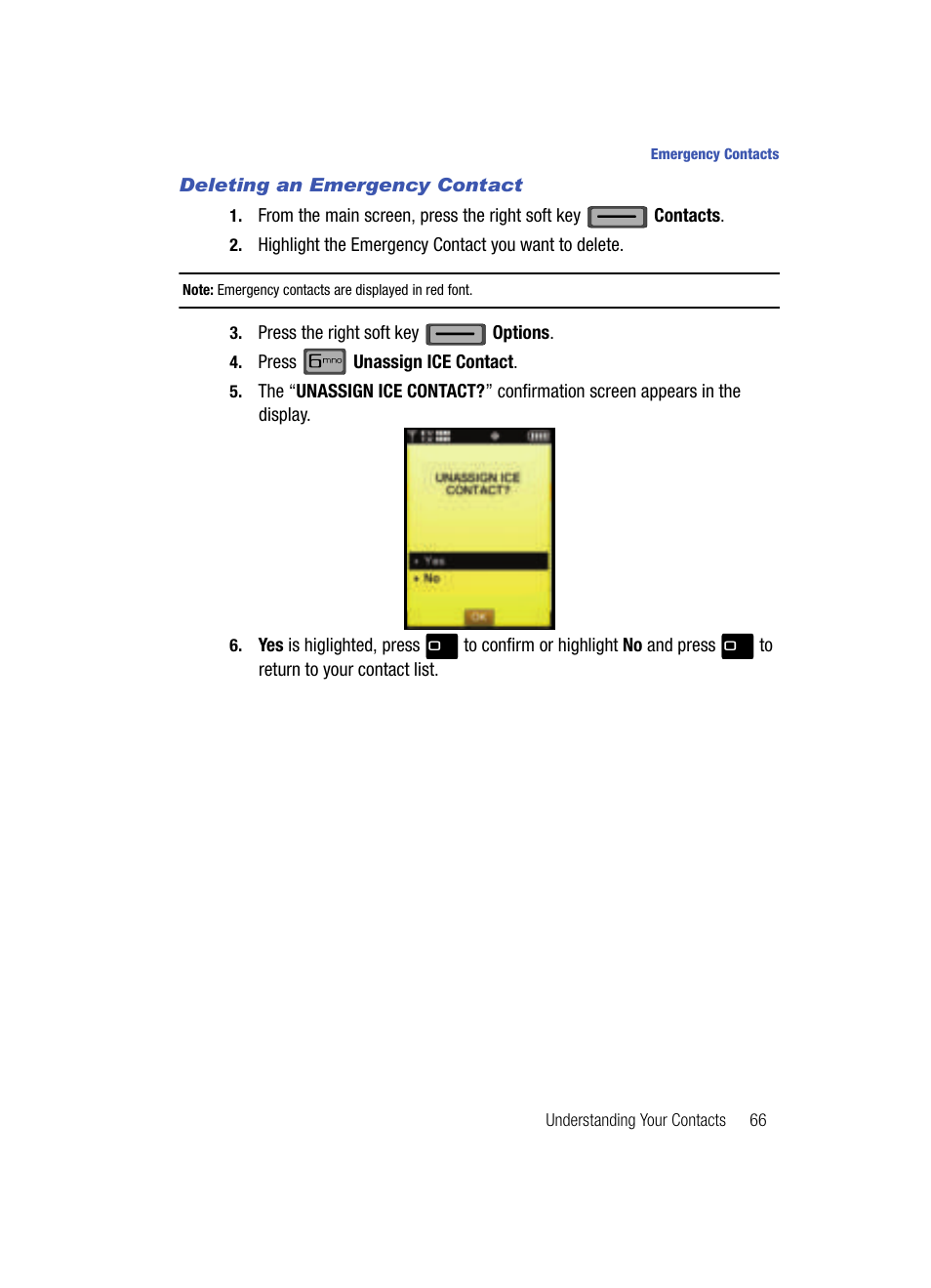 Deleting an emergency contact | Samsung SCH-U700ZNAVZW User Manual | Page 69 / 180