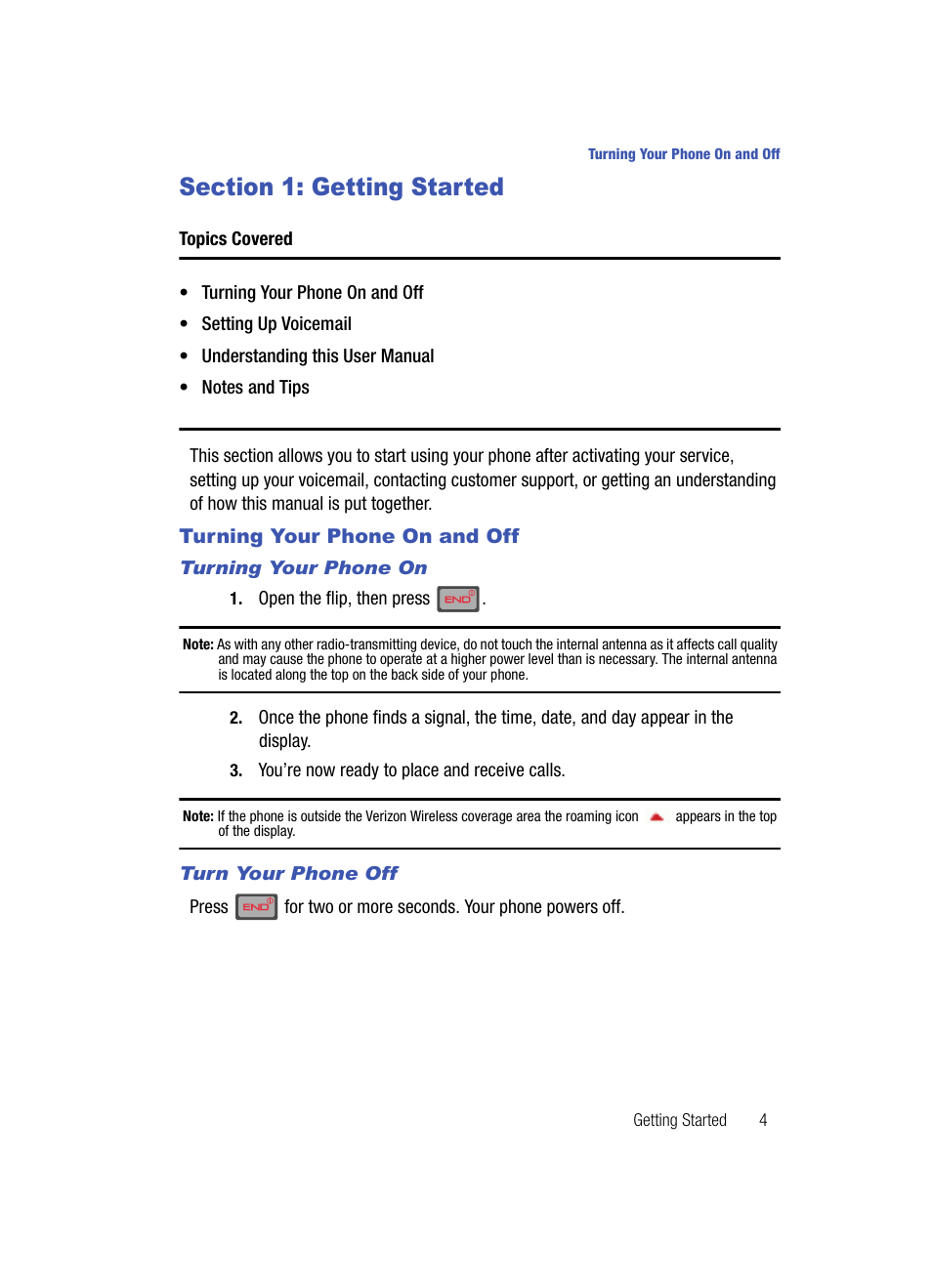 Section 1: getting started, Turning your phone on and off, Turning your phone on | Turn your phone off | Samsung SCH-U700ZNAVZW User Manual | Page 7 / 180