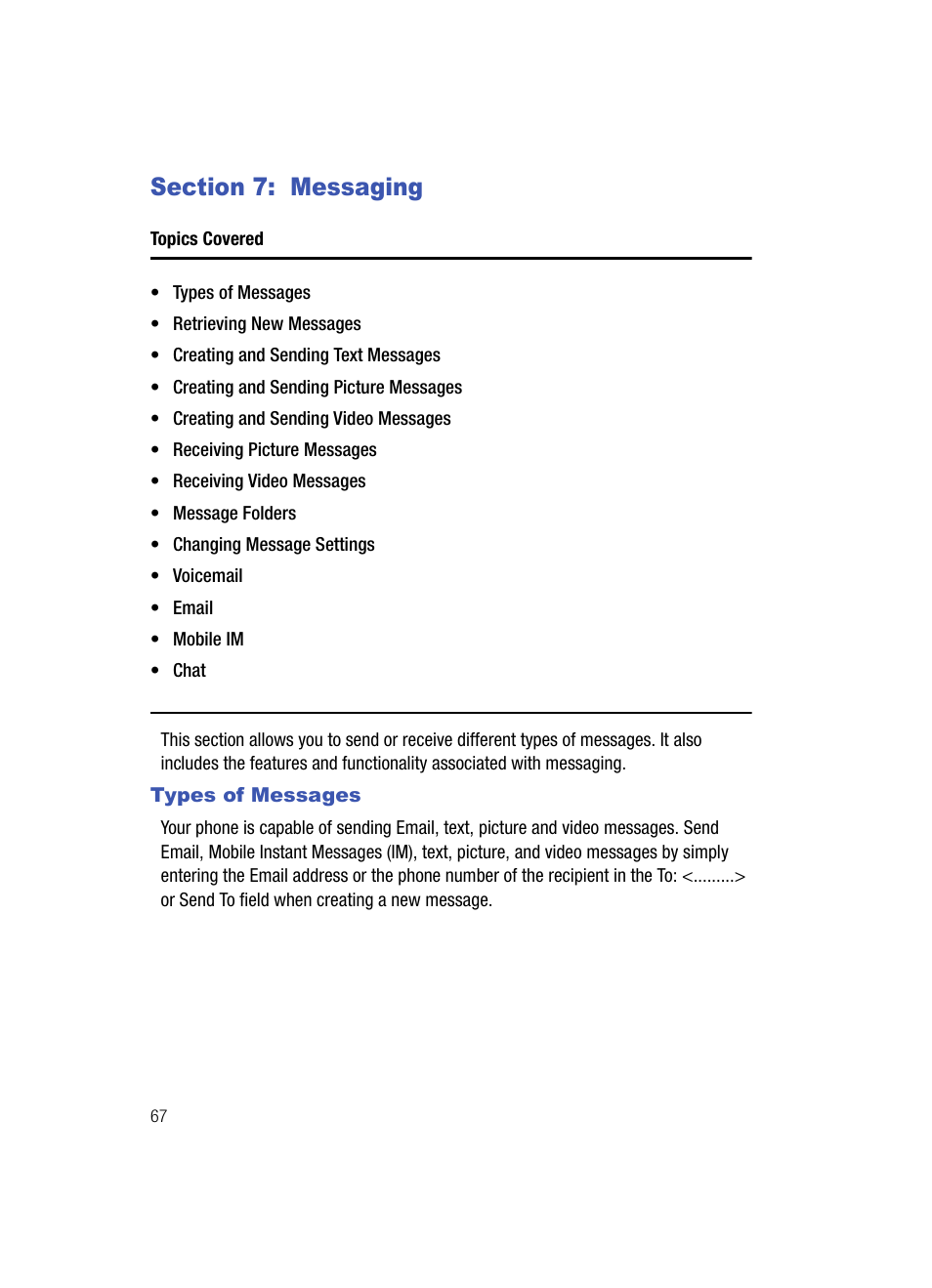 Section 7: messaging, Types of messages | Samsung SCH-U700ZNAVZW User Manual | Page 70 / 180