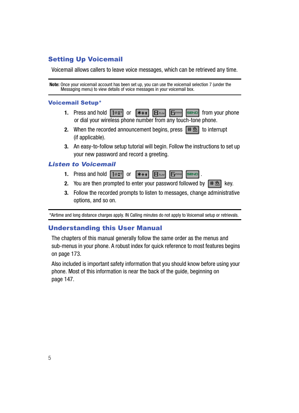 Setting up voicemail, Listen to voicemail, Understanding this user manual | Samsung SCH-U700ZNAVZW User Manual | Page 8 / 180