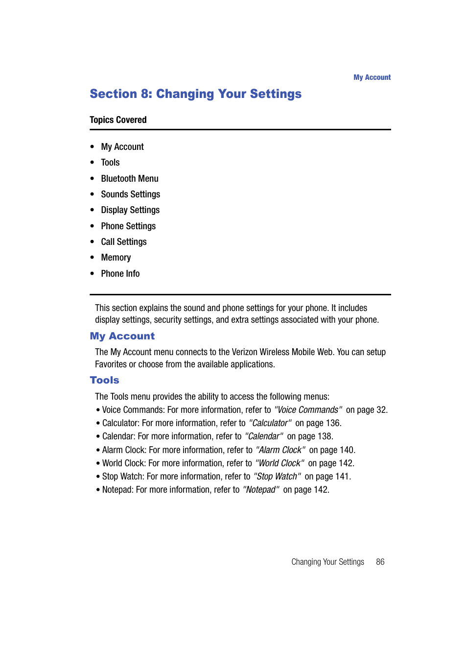 Section 8: changing your settings, My account, Tools | My account tools | Samsung SCH-U700ZNAVZW User Manual | Page 89 / 180